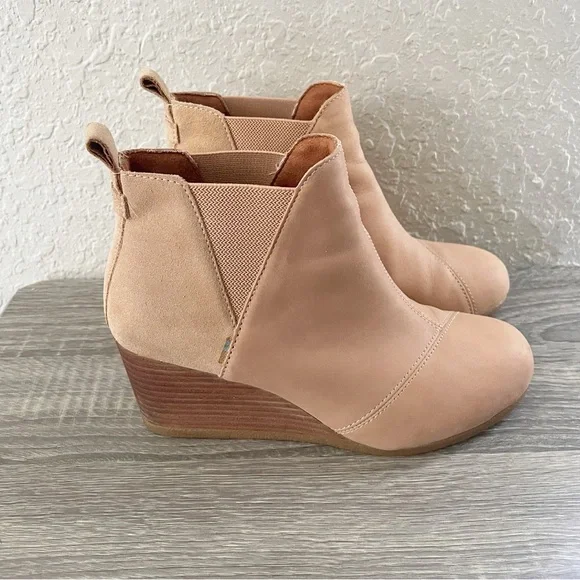 Toms Kelsey Tan Brown Casual Leather Wedge Ankle Booties Boots Shoes Size 8.5 - Picture 4 of 12